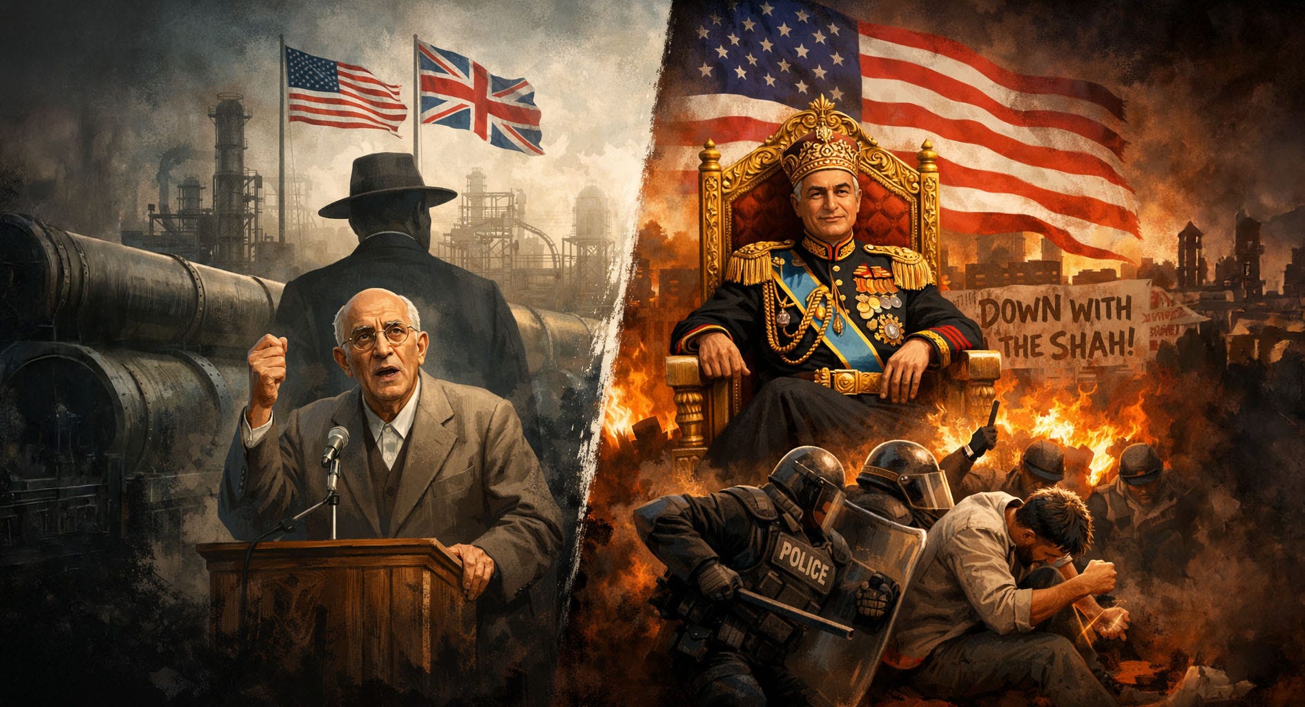 Split illustration of Mossadegh speaking in front of oil infrastructure with Western flags and CIA figure behind, contrasted with the Shah on a throne surrounded by fire, riot police, and anti-Shah protesters.