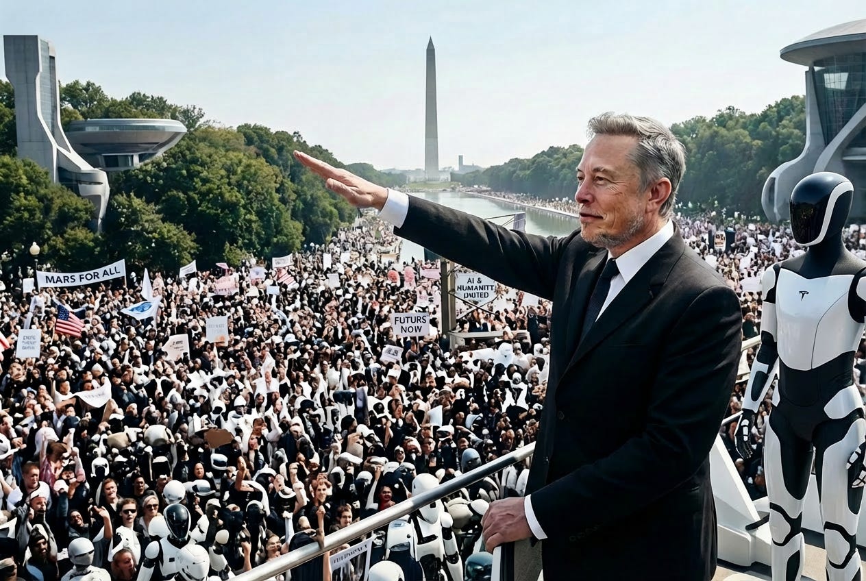 An older Elon Musk raising his hand out in solidarity toward a large crowd of humans and bots on Capitol Hill, reminiscent of the famous photo of Martin Luther King An older Elon Musk raising his hand out in solidarity toward a large crowd of humans and bots on Capitol Hill, reminiscent of the famous photo of Martin Luther King