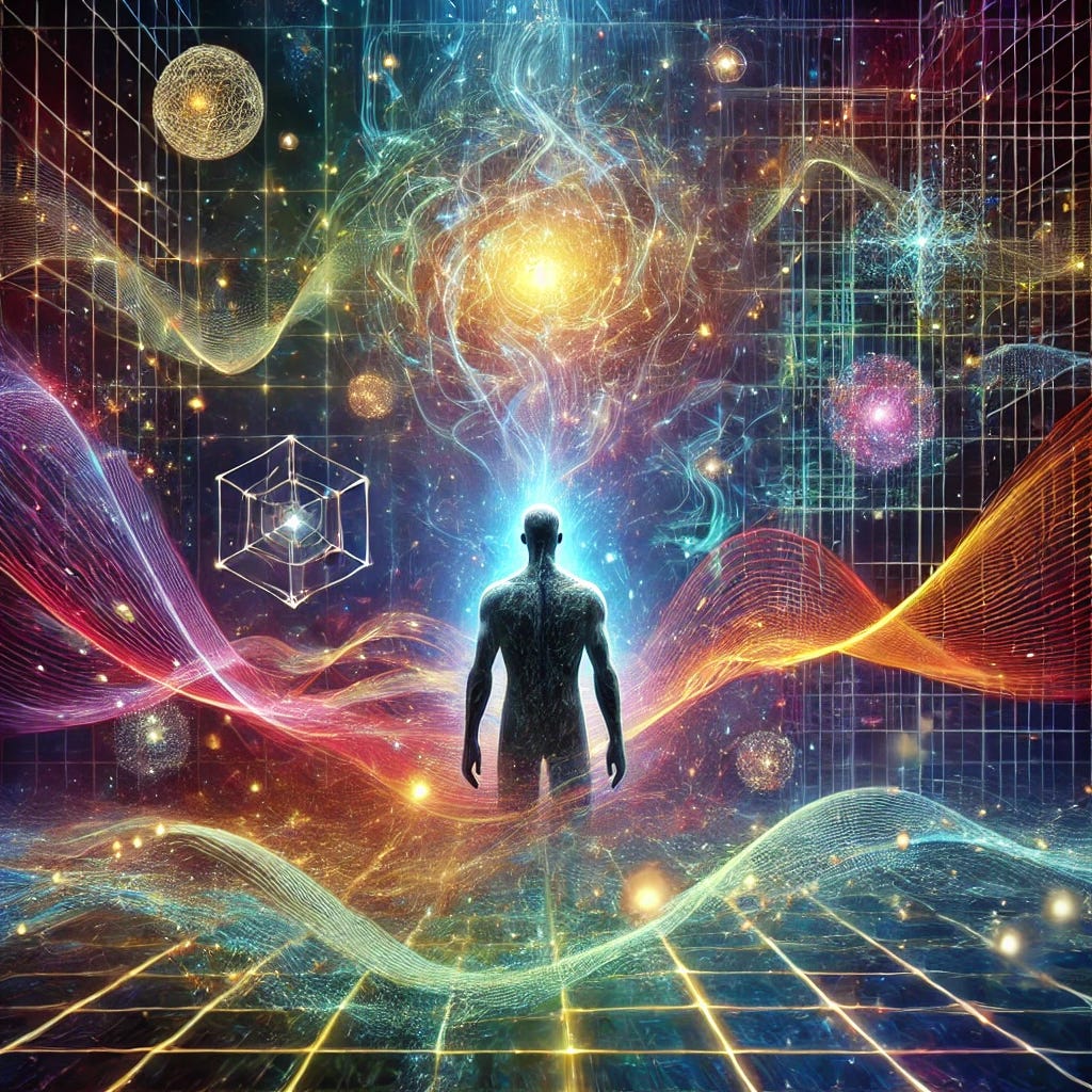 A surreal and conceptual illustration that captures the intersection of consciousness and quantum mechanics. A human figure, partially transparent, stands within a cosmic, abstract landscape where vibrant wave functions and particles are visualized flowing around them. Elements of quantum waves and particles are merging with subtle, ethereal representations of thought waves or neural connections. The background suggests a deep cosmic environment with subtle interlocking grids and patterns symbolizing quantum fields. The figure appears to be observing the universe, with the act of observation causing waves and particles to collapse or change form, symbolizing the theory of wave function collapse influenced by consciousness. Overall, the image should feel introspective, mystical, and intellectually stimulating. A surreal and conceptual illustration that captures the intersection of consciousness and quantum mechanics. A human figure, partially transparent, stands within a cosmic, abstract landscape where vibrant wave functions and particles are visualized flowing around them. Elements of quantum waves and particles are merging with subtle, ethereal representations of thought waves or neural connections. The background suggests a deep cosmic environment with subtle interlocking grids and patterns symbolizing quantum fields. The figure appears to be observing the universe, with the act of observation causing waves and particles to collapse or change form, symbolizing the theory of wave function collapse influenced by consciousness. Overall, the image should feel introspective, mystical, and intellectually stimulating.