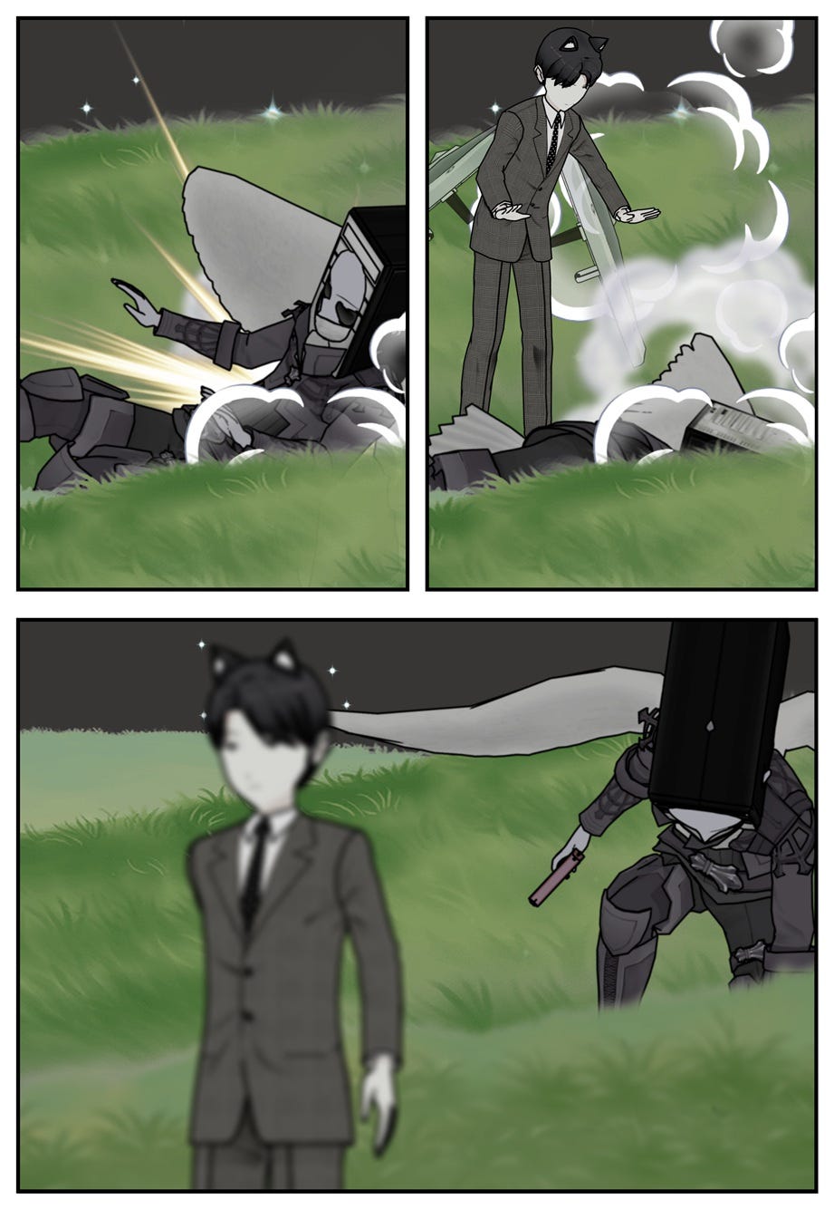 The robot hits the ground, and Ace sees it appears to be smoked. Ace turns his back on the robot, which then rises with firearm in hand.