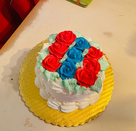 Photos of cakes, jewelry, flowers, Laura Lippman in a sweater dress, and a woman blowing out candles.