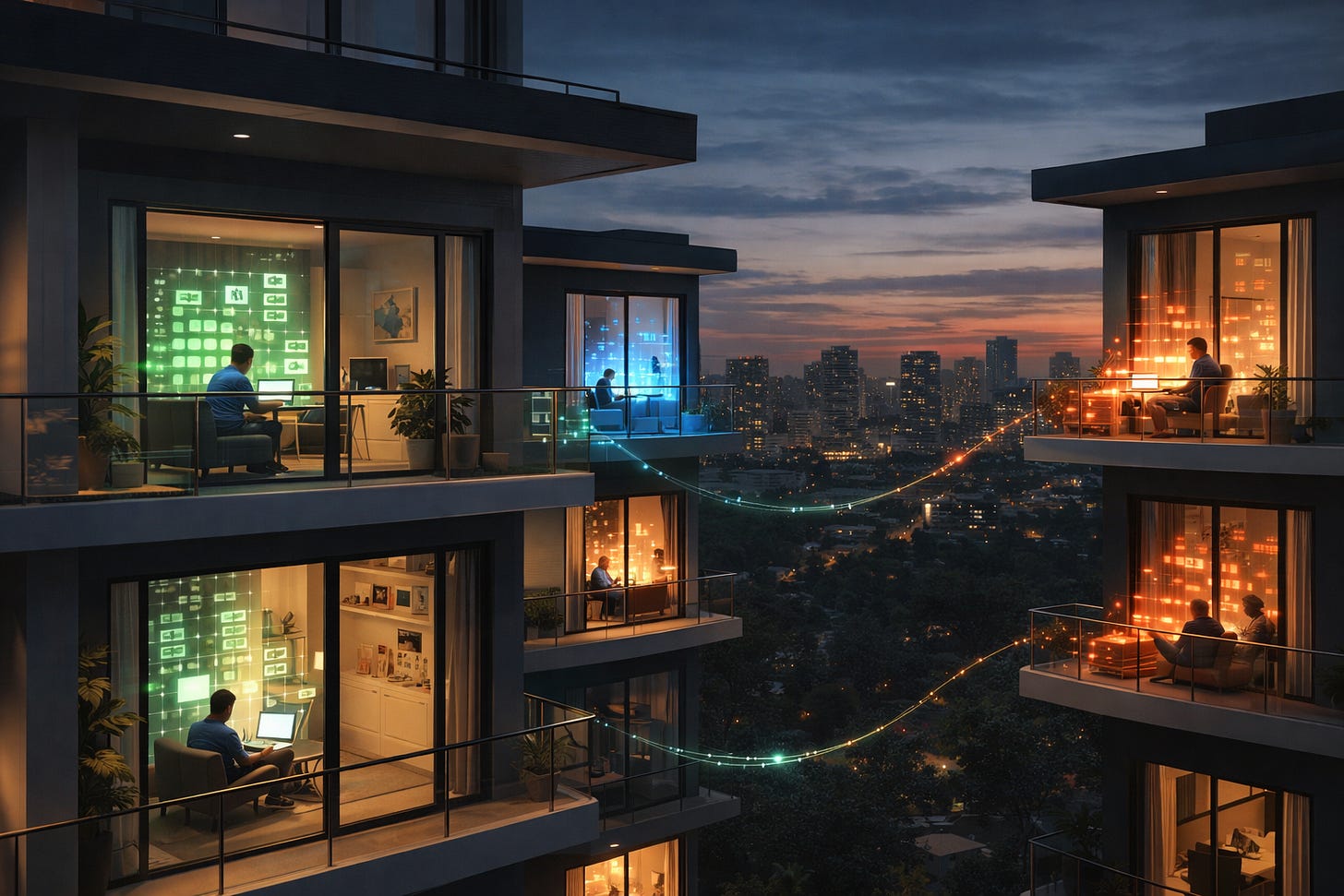 Luxury apartments with glowing data links, showing distributed data ownership and system independence. 