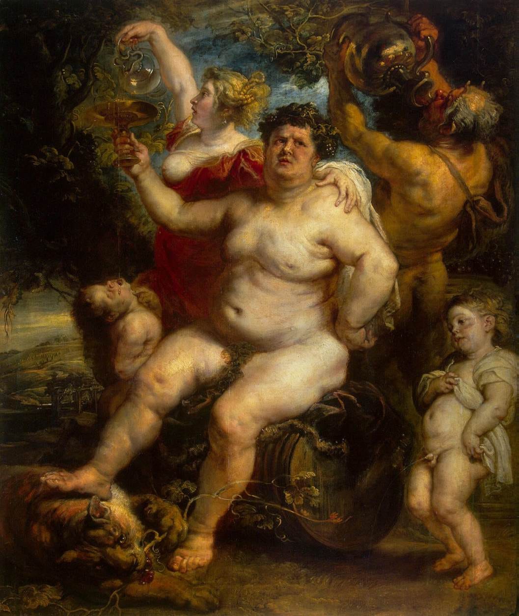 An aging heavy Bacchus perched on a wine barrel