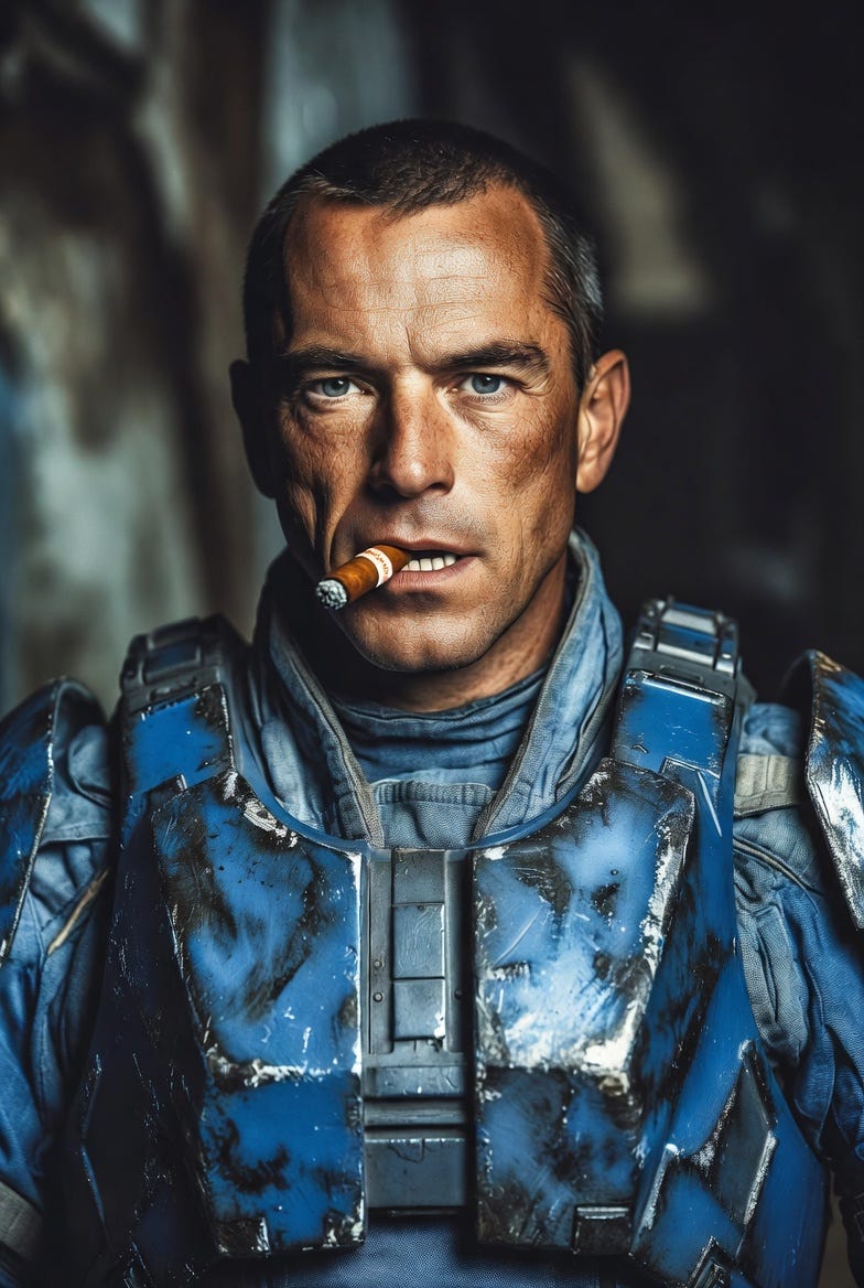 A middle-aged space Marine in a worn blue suit, holding a cigar in a dark industrial setting.