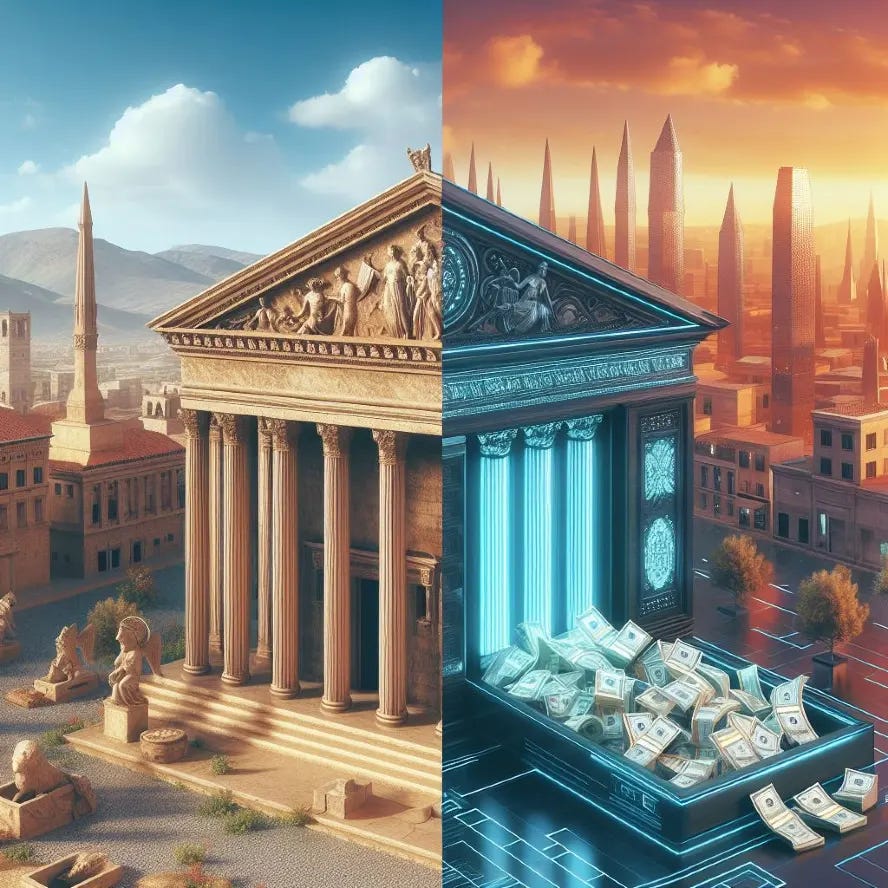 Old vs new bank. AI art.