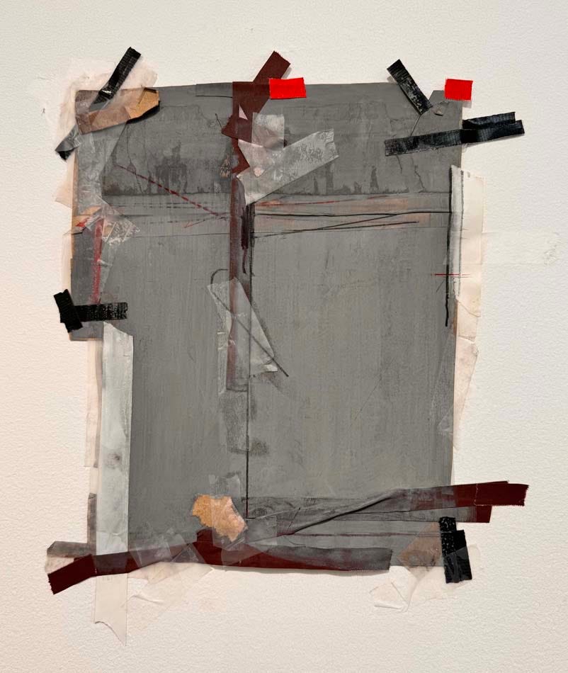An irregular-shaped collage made of gray painted paper, tape, and graphite lines.