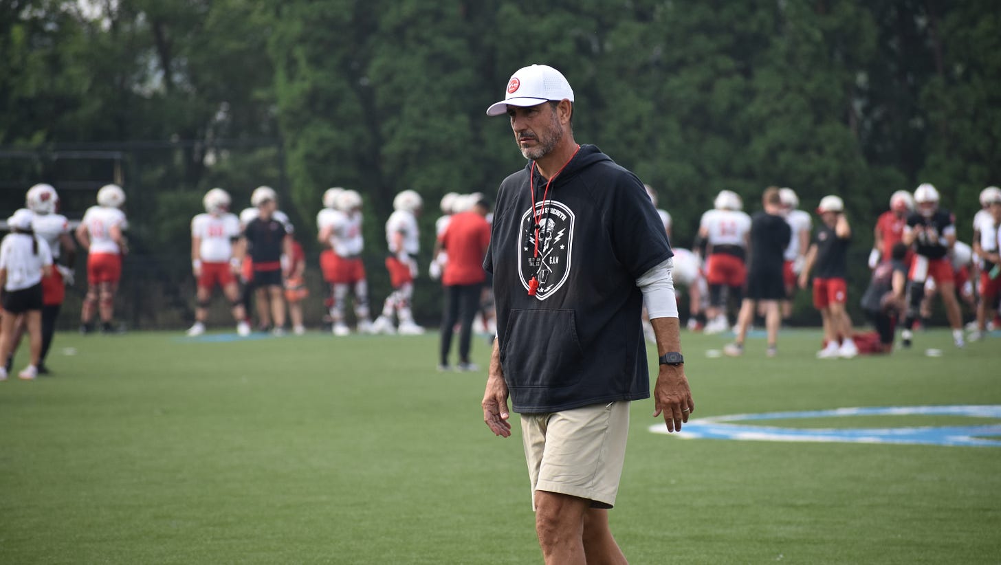 Luke Fickell walks across the field observing the Wisconsin Badgers football practice during fall camp at UW-Platteville, wearing a black shirt and white hat. Luke Fickell walks across the field observing the Wisconsin Badgers football practice during fall camp at UW-Platteville, wearing a black shirt and white hat.