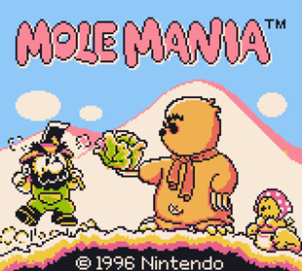 Cartoon cover for "Mole Mania," featuring a mole family in a snowy setting. Colorful and playful design with a mountain backdrop.