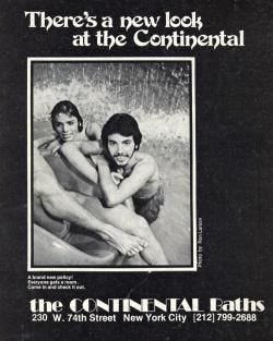 This may contain: there's a new look at the continental gays poster from 1970, featuring two men in bathing suits