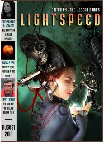 A woman in a grey/purple outfit and some sort of mechanical hat gets electricity from some sort of homunculus.