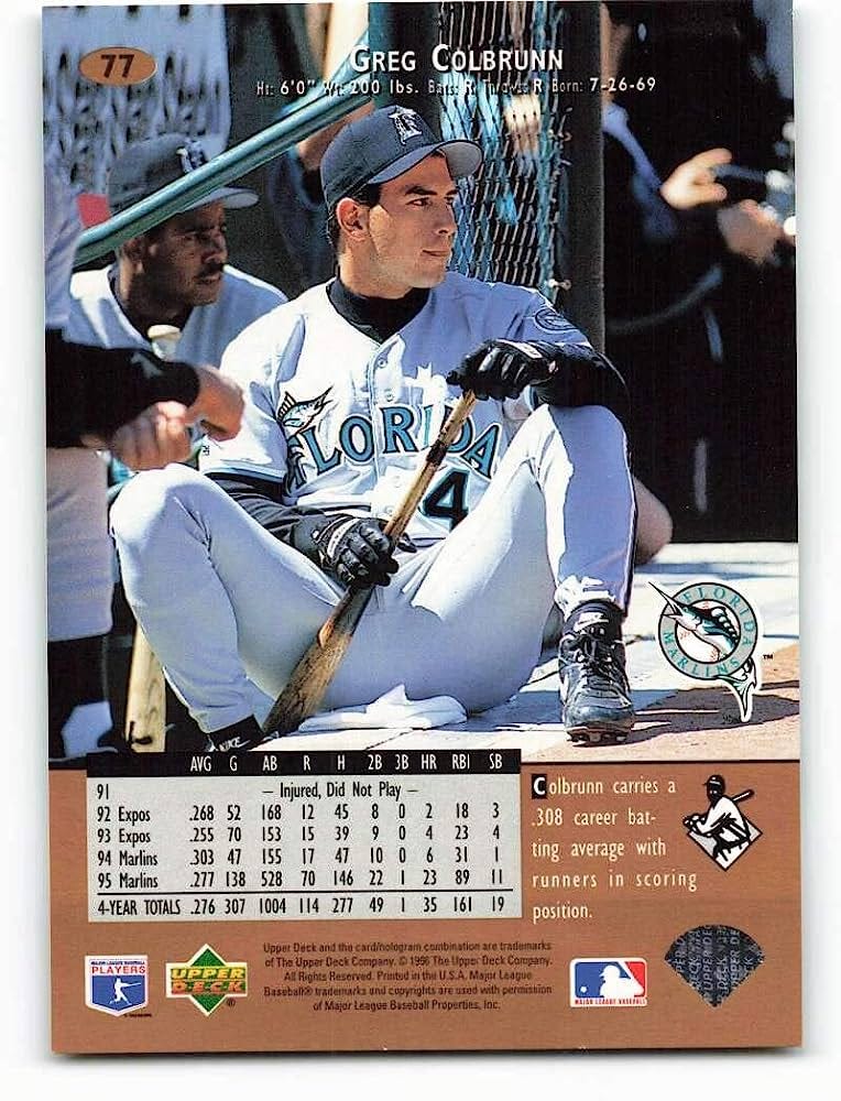 Amazon.com: 1996 Upper Deck #77 Greg Colbrunn NM-MT Florida Marlins Baseball  : Collectibles & Fine Art