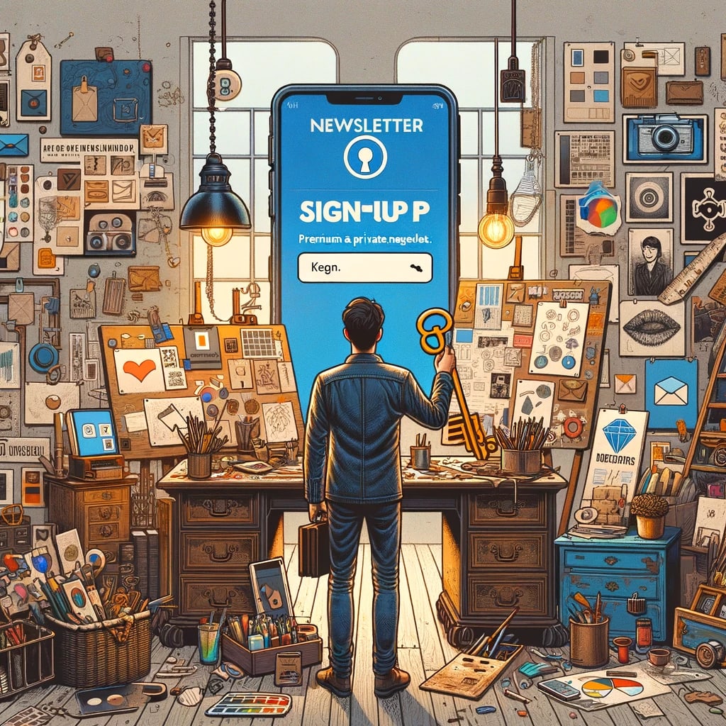 Create an illustration that depicts a creator's studio filled with various sources of inspiration. The studio has an artistic and organized chaos vibe, with mood boards, sketches, and digital devices displaying different apps. Include a bookshelf that is slightly ajar, symbolizing an exclusive look into a private collection. There's a sign-up form on a vintage desk with 'Newsletter Sign-up' for a premium and private newsletter. The creator stands in the middle of the studio, holding a key, suggesting the exclusivity and selective sharing of his inspiration sources. Create an illustration that depicts a creator's studio filled with various sources of inspiration. The studio has an artistic and organized chaos vibe, with mood boards, sketches, and digital devices displaying different apps. Include a bookshelf that is slightly ajar, symbolizing an exclusive look into a private collection. There's a sign-up form on a vintage desk with 'Newsletter Sign-up' for a premium and private newsletter. The creator stands in the middle of the studio, holding a key, suggesting the exclusivity and selective sharing of his inspiration sources.