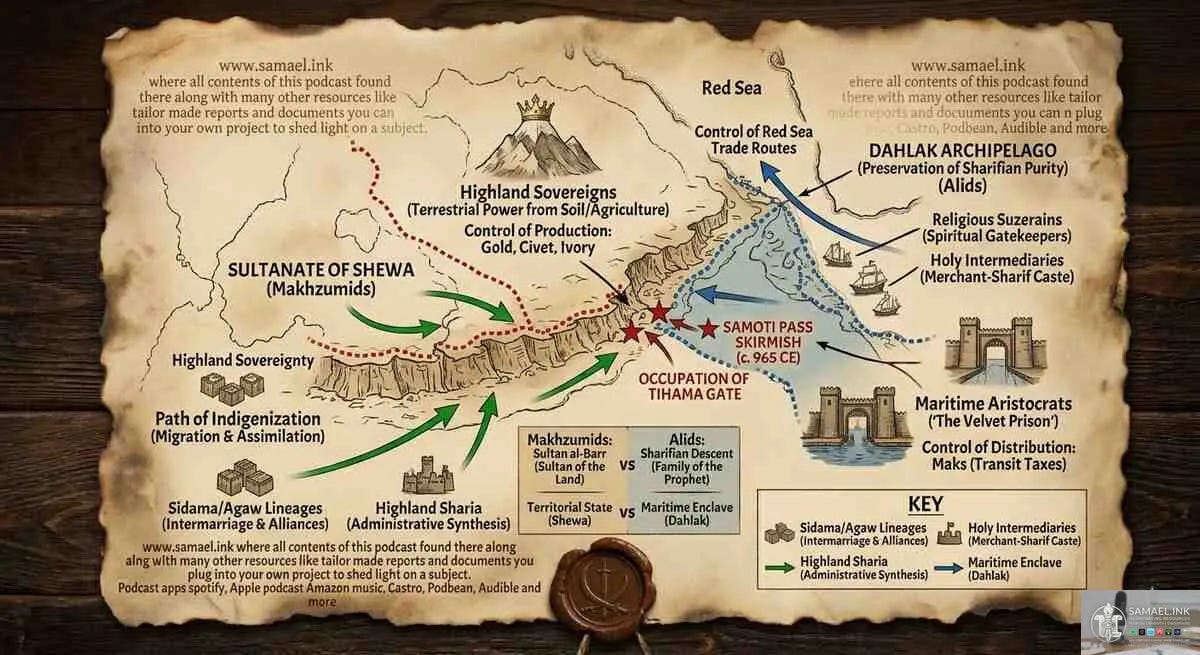 The bottom right features a detailed legend with miniature symbols used on the map, including icons for "Sultanate/Fortress," "Merchant/Caravan," "Ship/Naval Force," "Local Kinship tie," "Diplomatic connection," and "Military conflict." A small chart compares the two factions, showing "Makhzumids: Sword (Highland military power)" vs. "Alids: Seal (Maritime & religious legitimacy)." The parchment surface is covered by the faded, semi-transparent watermark: "www.samael.ink where all contents of this podcast found there along with many other resources like tailor made reports and documents you can plug into your own project to shed light on a subject. Podcast apps spotify, Apple podcast Amazon music, Castro, Podbean, Audible and more." A single, cracked wax seal with a crescent and sword is attached to the bottom edge. The bottom right features a detailed legend with miniature symbols used on the map, including icons for "Sultanate/Fortress," "Merchant/Caravan," "Ship/Naval Force," "Local Kinship tie," "Diplomatic connection," and "Military conflict." A small chart compares the two factions, showing "Makhzumids: Sword (Highland military power)" vs. "Alids: Seal (Maritime & religious legitimacy)." The parchment surface is covered by the faded, semi-transparent watermark: "www.samael.ink where all contents of this podcast found there along with many other resources like tailor made reports and documents you can plug into your own project to shed light on a subject. Podcast apps spotify, Apple podcast Amazon music, Castro, Podbean, Audible and more." A single, cracked wax seal with a crescent and sword is attached to the bottom edge.