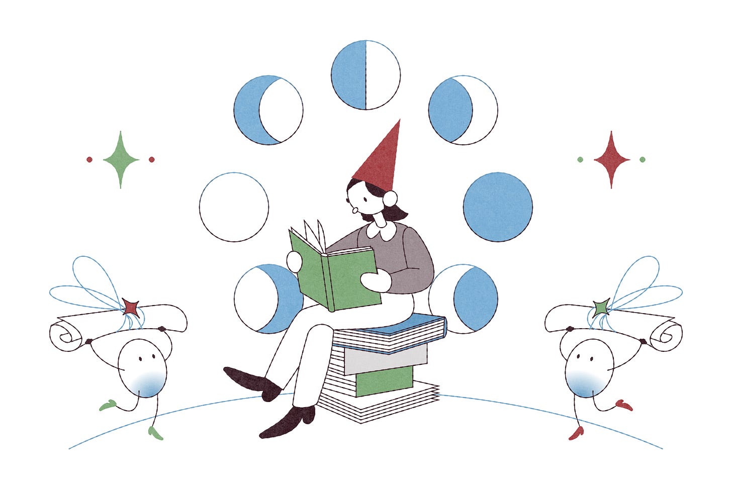 An illustration of a woman wearing a pointy red hat, sitting on a stack of books, reading. Surrounding her, blue and white circles depicting the stages of the moon. And either side, little egg-shaped creatures approach holding tied up paper scrolls. An illustration of a woman wearing a pointy red hat, sitting on a stack of books, reading. Surrounding her, blue and white circles depicting the stages of the moon. And either side, little egg-shaped creatures approach holding tied up paper scrolls.