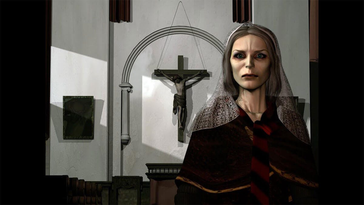 Dahlia Gillespie olhando para frente na igreja de Silent Hill.