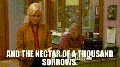 Poster of Graveyard Disturbance; screenshot of Parks and Rec; Red Wine + Root Beer