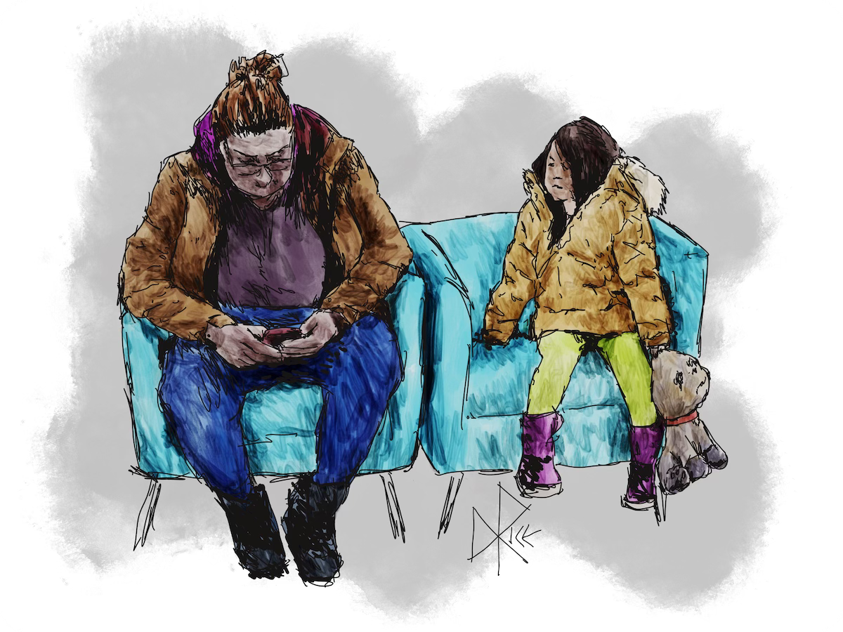 A woman and a girl seated in a public waiting area. The girl holds her stuffed toy animal and looks at the woman, while the woman is looking at the phone in her hands. Sketch art by Don Rice.