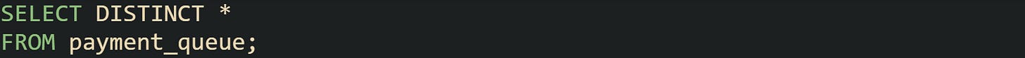 SELECT DISTINCT * FROM payment_queue;