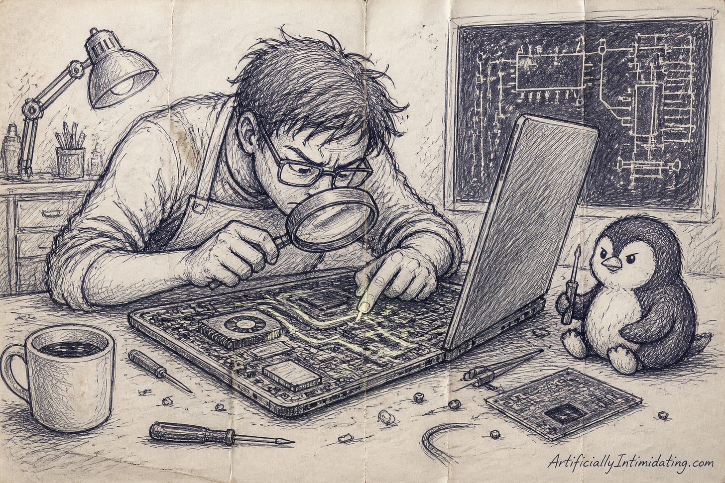 An engineer in an apron squints through a magnifying glass at the motherboard of an open laptop, tracing glowing wires, while a small determined penguin plush holds a screwdriver beside a chalkboard of circuit sketches. An engineer in an apron squints through a magnifying glass at the motherboard of an open laptop, tracing glowing wires, while a small determined penguin plush holds a screwdriver beside a chalkboard of circuit sketches.