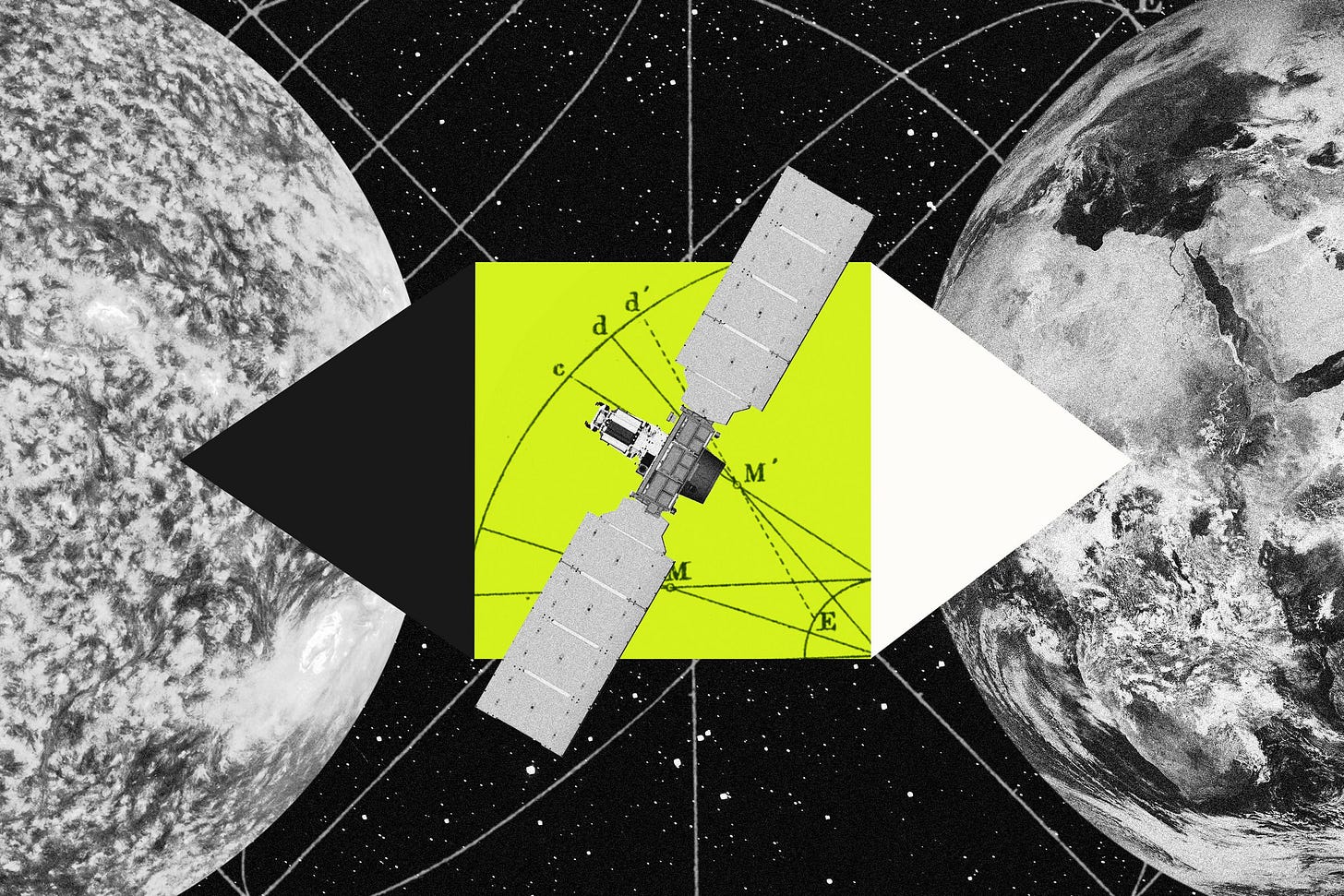 Art depicting a satellite with solar panels between the Sun and Earth