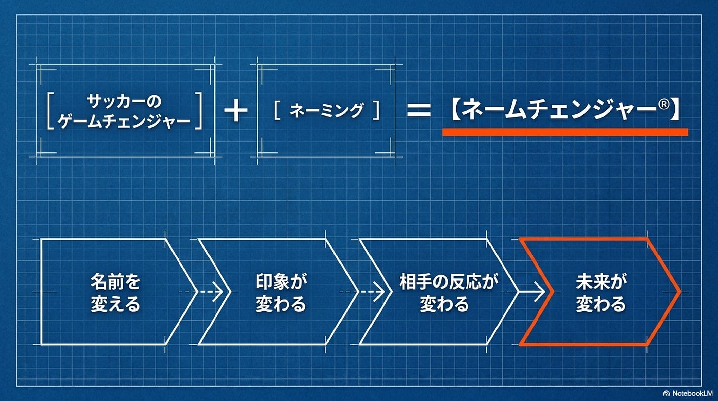 「ゲームチェンジャー+ネーミング=ネームチェンジャー®」という屋号の由来と、名前が未来を変える流れを示した設計図風の図。 「ゲームチェンジャー+ネーミング=ネームチェンジャー®」という屋号の由来と、名前が未来を変える流れを示した設計図風の図。