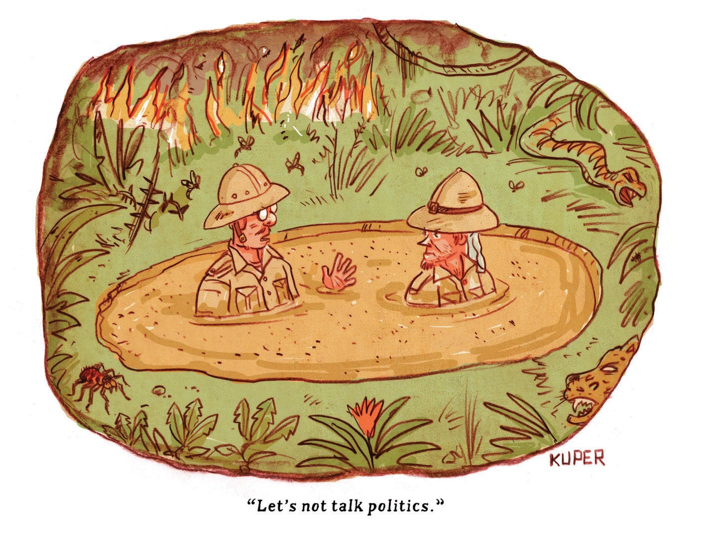 This cartoon depicts two figures in safari attire, wearing pith helmets, sinking into quicksand, surrounded by jungle foliage, including a snake and a spider. One figure, with glasses, looks concerned and says, "Let's not talk politics."