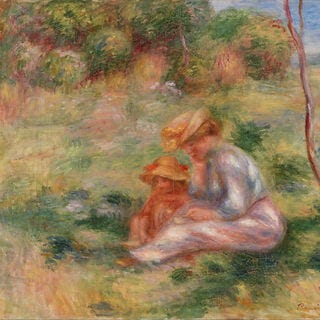 A woman and child in straw hats sit on grass in a colorful meadow. They appear relaxed, surrounded by vibrant greenery and trees.