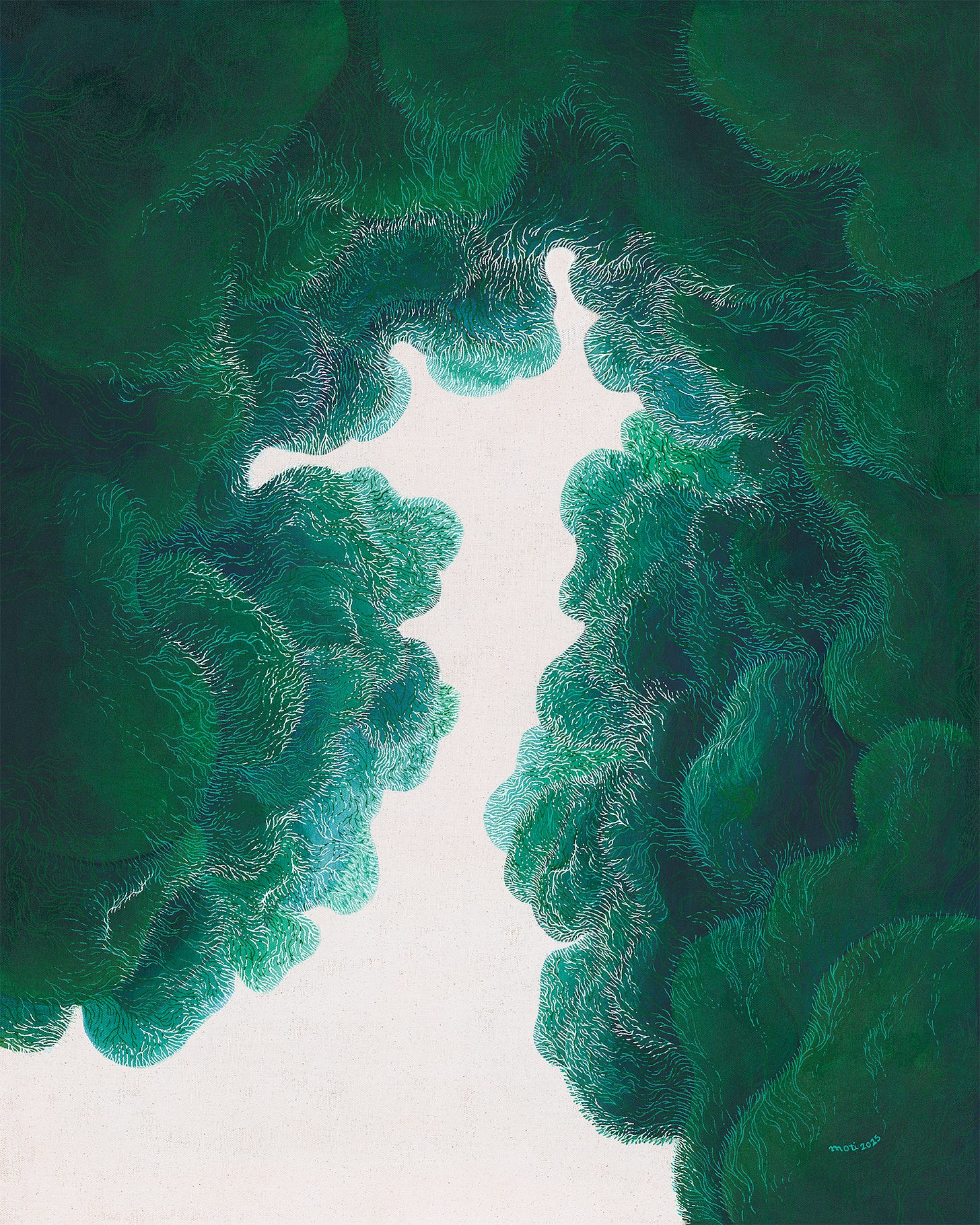 Abstract painting by Moti Tavassoli with layered color and repeating linear forms.