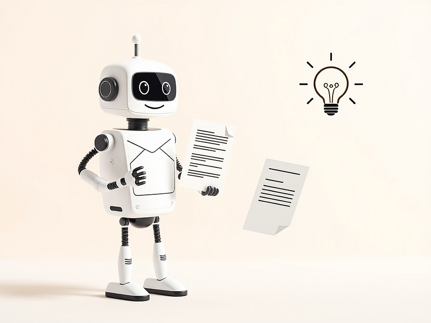 A friendly, approachable robot handing a person a neatly written email, a summarised document with bullet points, and a lightbulb representing ideas. Soft, clean background. Minimalist and encouraging style.