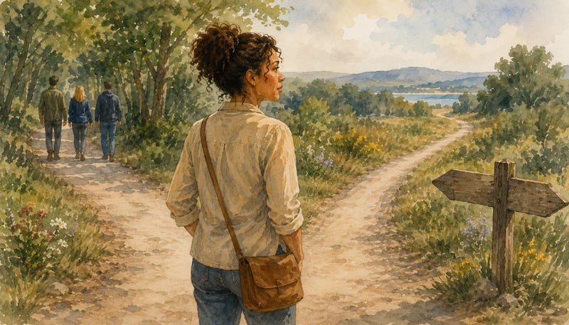Highly sensitive woman choosing her own direction at a fork in the path while others walk a different way, showing that she can still decide independently despite caring what other people think.