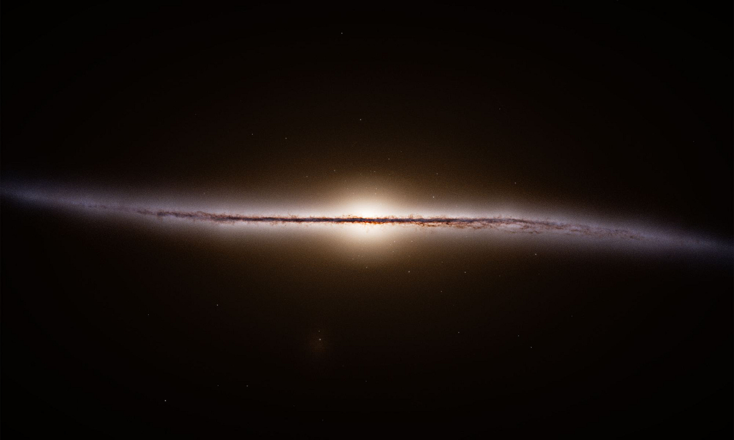 Gaia showed us that our galaxy's disk, the dark brown horizontal spanning from one side to the other, has a bit of a wave to it. Gaia also showed us that the Milky Way has more than two spiral arms and that they aren't as pronounced as we thought. The galaxy's distribution of dark matter contributes to the shape. Image Credit: ESA/Gaia/DPAC, Stefan Payne-Wardenaar CC BY-SA 3.0 IGO