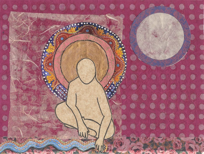 A drawing of a nonbinary figure with a full circle of energy behind them with their hand in a running stream