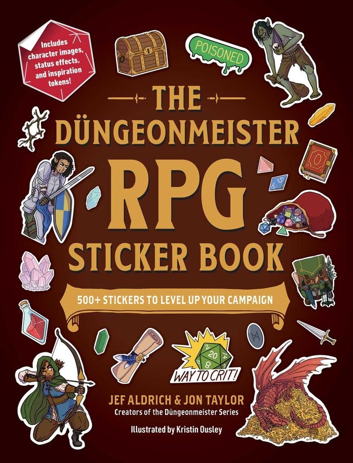 Book cover with sticker samples, e.g. critical roll, jewels in a sac, treasure chest