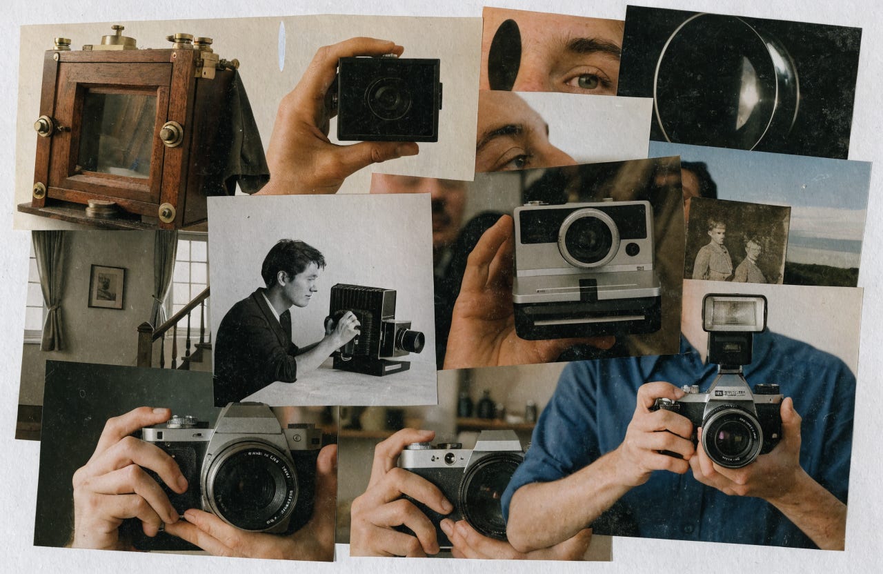 A collage of photographs showing photographic cameras from different eras, from box cameras to modern digital. some photographs are in colour, some black and white, some daguerrotype. arranged chaotically on a plain white background. A collage of photographs showing photographic cameras from different eras, from box cameras to modern digital. some photographs are in colour, some black and white, some daguerrotype. arranged chaotically on a plain white background.