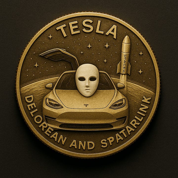 1. Grok coin with white mask face and the words “Faster Broker Token.” 2. Cartoon alligator in a red Grok hat taking a selfie with a phone. 3. Tesla coin with masked face driving a DeLorean/SpaceX-style car. 4. Masked figures labeled “Both sides now — Two teams. One fixed.”