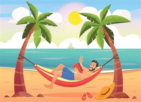Young happy caucasian white man relaxing on the beach in a hammock ...
