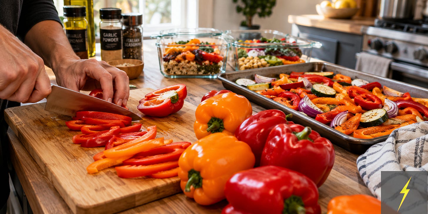 A man’s hands slice red and orange bell peppers on a bamboo board beside roasted vegetables and glass meal-prep containers. Deals on kitchen gear and premium meal-prep content at AthleteMealPrep.com