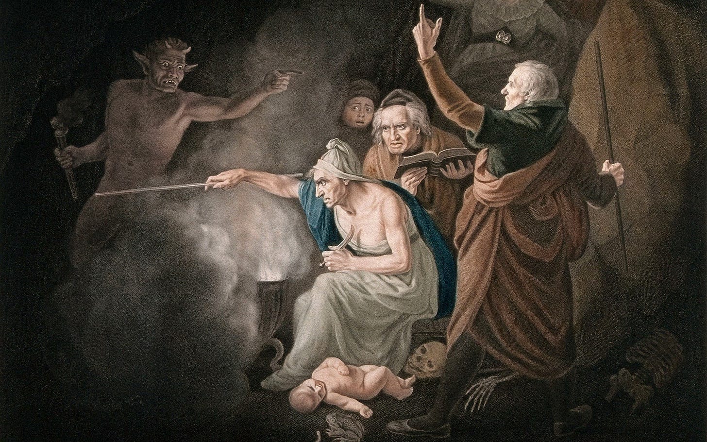 Coloured stipple print shows a person with a wand summoning an evil spirit. A baby lies on the floor, figures surround them Coloured stipple print shows a person with a wand summoning an evil spirit. A baby lies on the floor, figures surround them