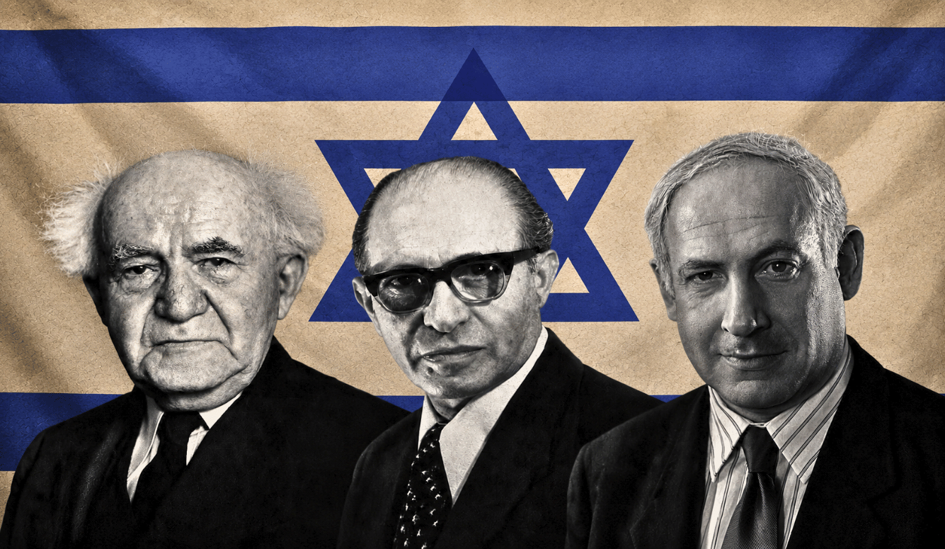 Three Israeli prime ministers against an Israeli flag. Three Israeli prime ministers against an Israeli flag.