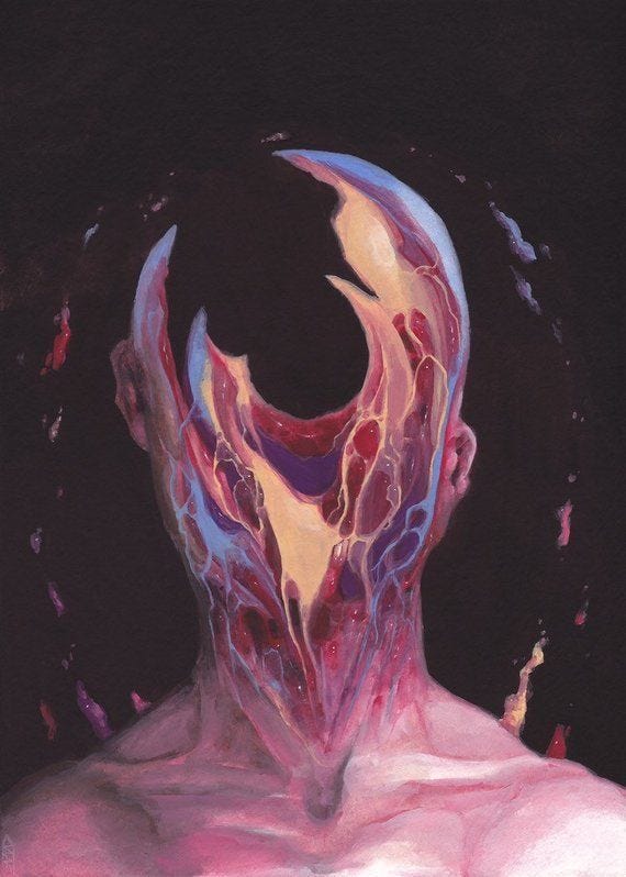 This may contain: an abstract painting of a man's face and torso with red, blue, yellow and pink swirls