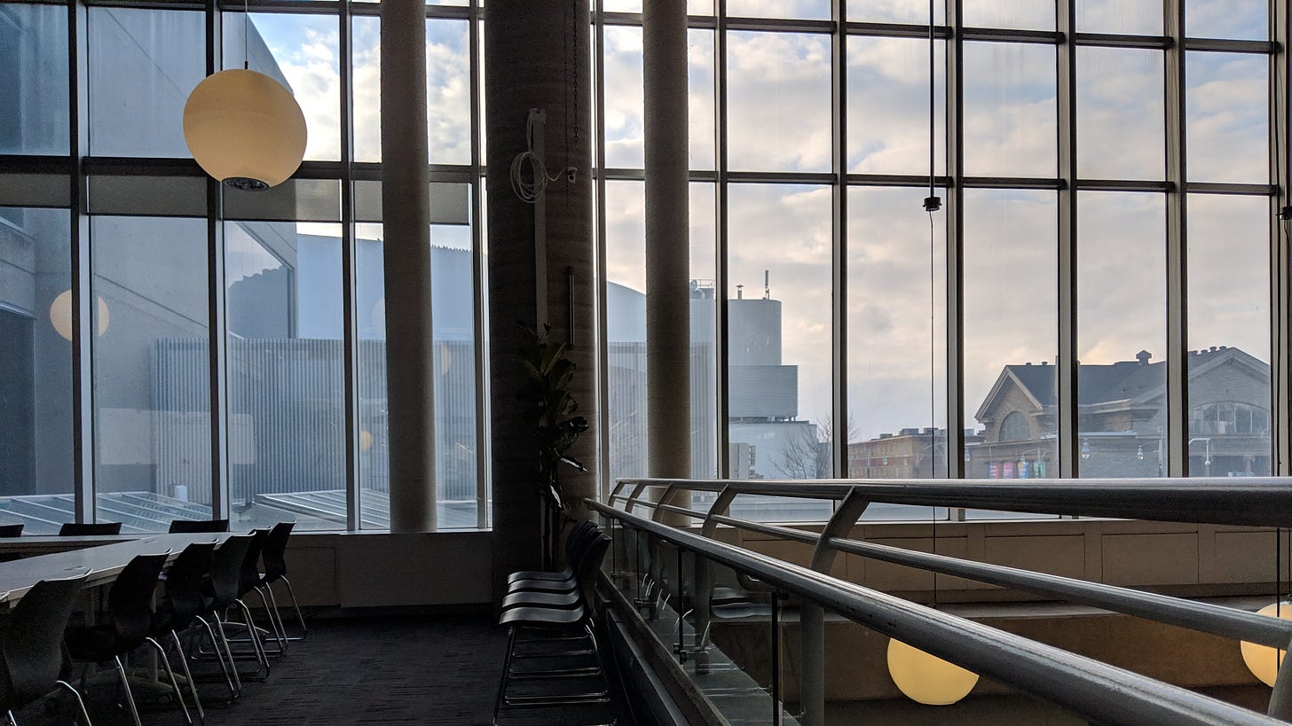 Downtown Hamilton as seen from the second floor of the Central Branch of the Hamilton Public Library in March 2019