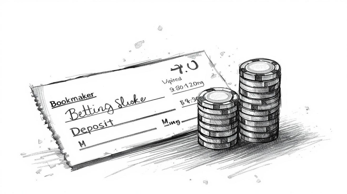 Betting slip with a person's name showing improving odds as a chip stack grows beside it