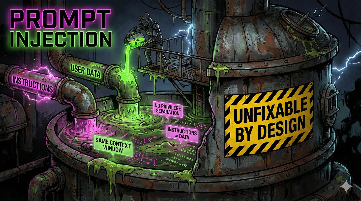 Prompt injection exploits LLM architecture where instructions and data share context, enabling direct jailbreaks and indirect attacks via poisoned content