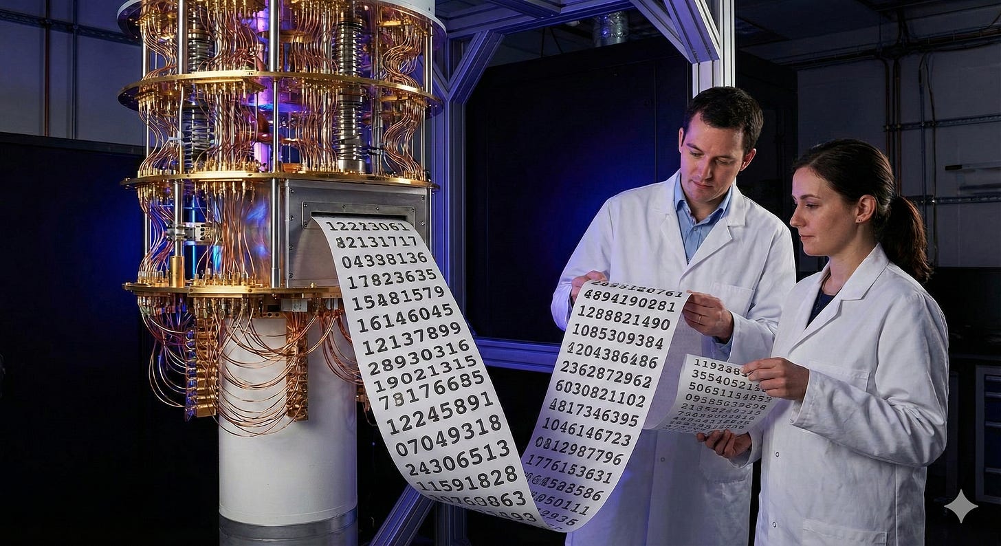 Fantasy picture of two scientists looking a page of random numbers coming out of a quantum machine