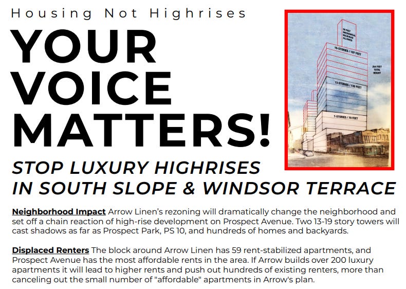 Top half of a flyer opposing Arrow Linen’s rezoning, headed “STOP LUXURY HIGHRISES” and identifying the campaign as Housing Not High-Rises. Top half of a flyer opposing Arrow Linen’s rezoning, headed “STOP LUXURY HIGHRISES” and identifying the campaign as Housing Not High-Rises.
