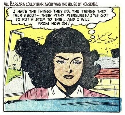 This may contain: an old comic strip with a woman in the car