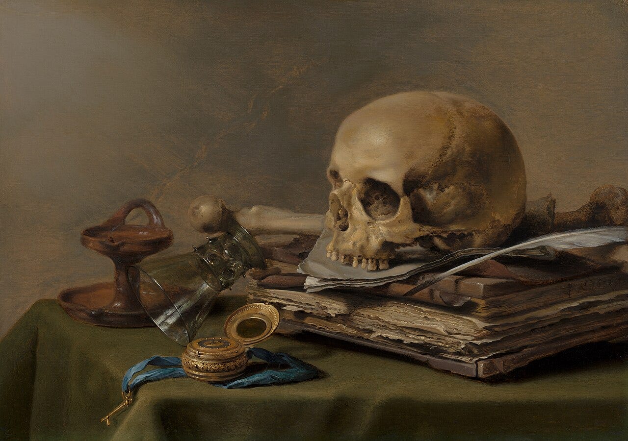 A skull, an overturned glass, a snuffed candle and a gold watch A skull, an overturned glass, a snuffed candle and a gold watch