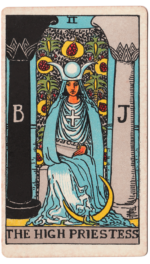 Waite-Smith Tarot High Priestess card crowned woman in blue robes on throne between two columns crescent moon at her feet Waite-Smith Tarot High Priestess card crowned woman in blue robes on throne between two columns crescent moon at her feet