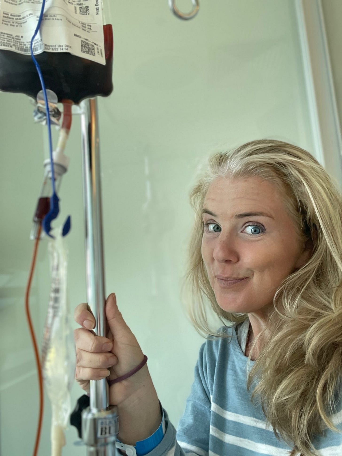 Jill receiving an IV or synthetic iron