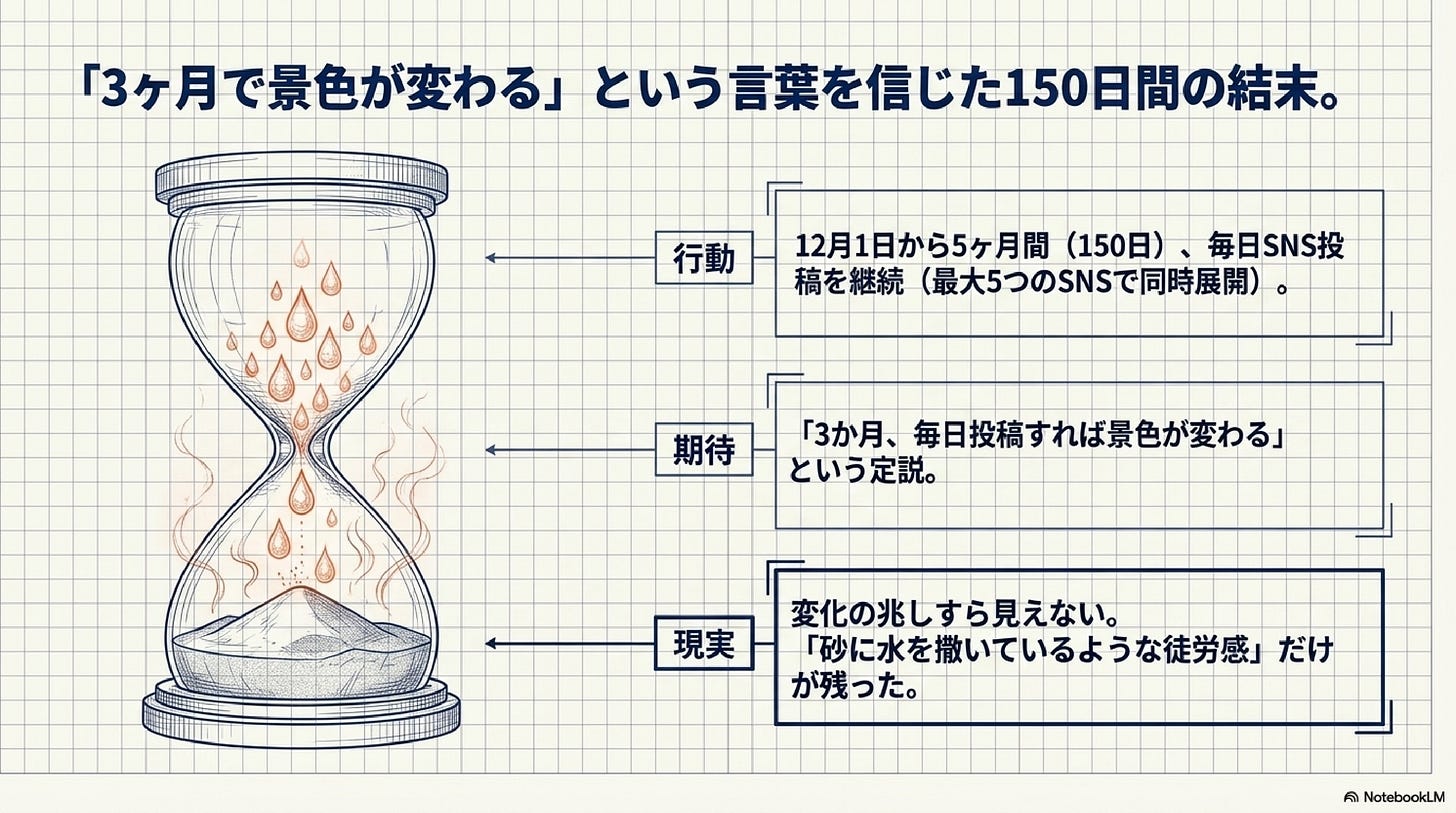 「3ヶ月で景色が変わる」という言葉を信じた150日間の結末、と題した図解。左側に砂時計のイラスト。右側に3つのボックスが並び、「行動:12月1日から5ヶ月間(150日)、毎日SNS投稿を継続(最大5つのSNSで同時展開)」「期待:3か月、毎日投稿すれば景色が変わるという定説」「現実:変化の兆しすら見えない。砂に水を撒いているような徒労感だけが残った」と記載。 「3ヶ月で景色が変わる」という言葉を信じた150日間の結末、と題した図解。左側に砂時計のイラスト。右側に3つのボックスが並び、「行動:12月1日から5ヶ月間(150日)、毎日SNS投稿を継続(最大5つのSNSで同時展開)」「期待:3か月、毎日投稿すれば景色が変わるという定説」「現実:変化の兆しすら見えない。砂に水を撒いているような徒労感だけが残った」と記載。